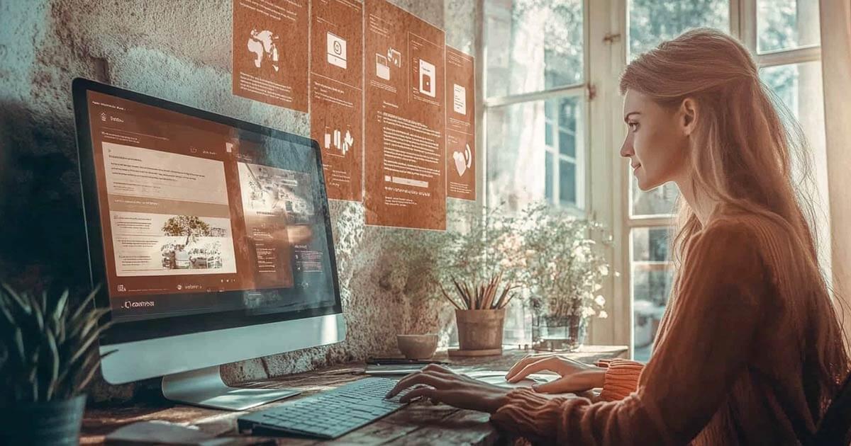 A woman sits at a desk facing a computer, with a large window in the background. Overlaid text reads ‘The Importance of User Intent in SEO: How it influences search visibility.’ Various digital interface elements are visible on transparent screens next to her.